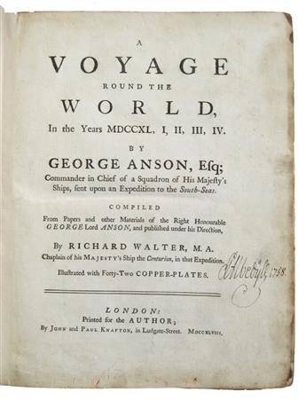 ANSON, GEORGE.  Walter, Richard; compiler. A Voyage Round the World, In the Years MDCCXL, I, II, III, IV.  1748